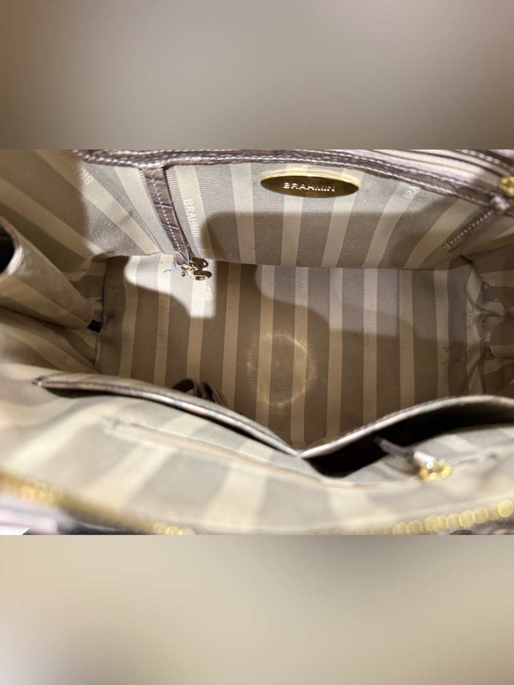 BRAHMIM | Metallic Taupe Croc-Embossed Satchel - Picture 4 of 7